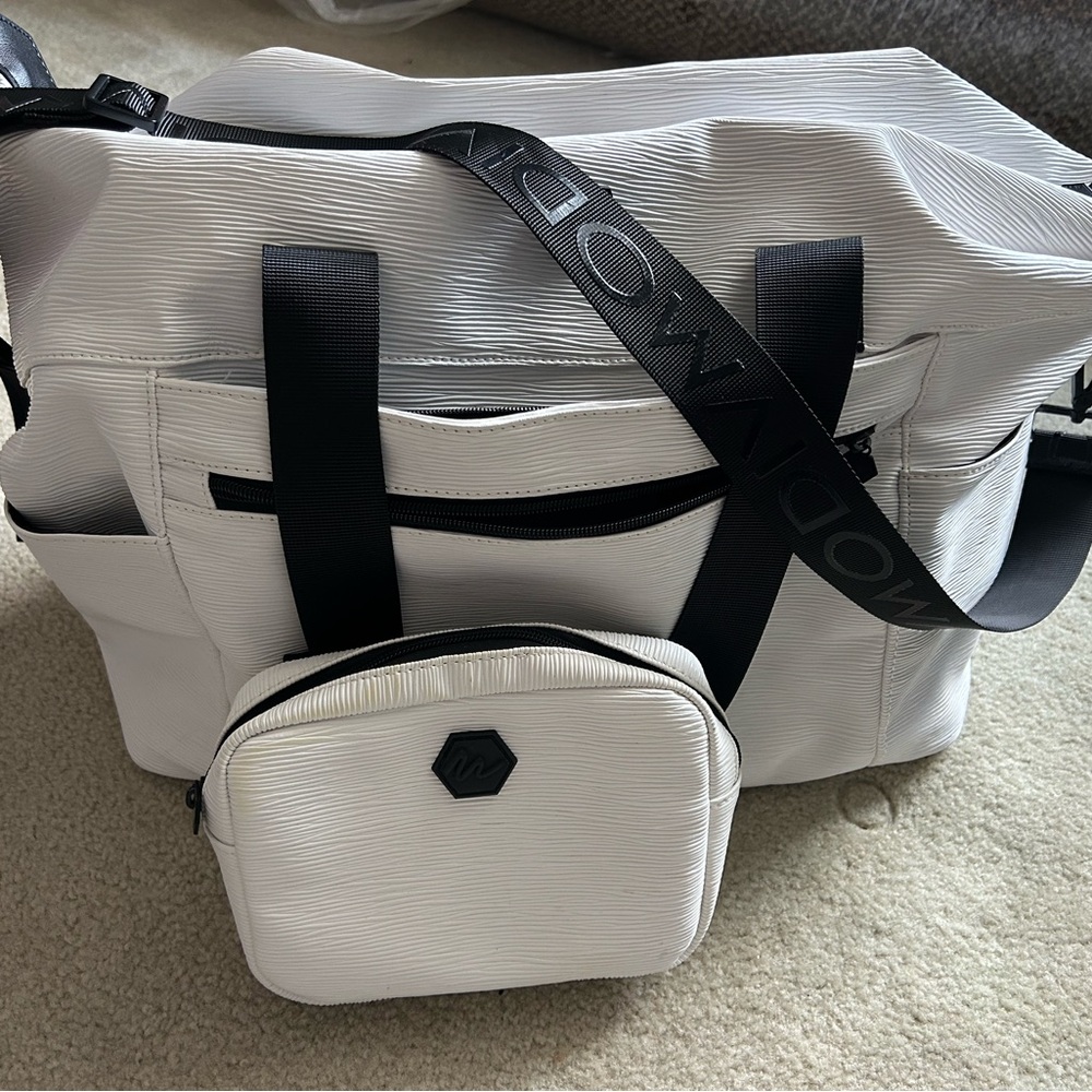 Modiv Brand White Duffel Bag with Detachable Pouch and Black Strap